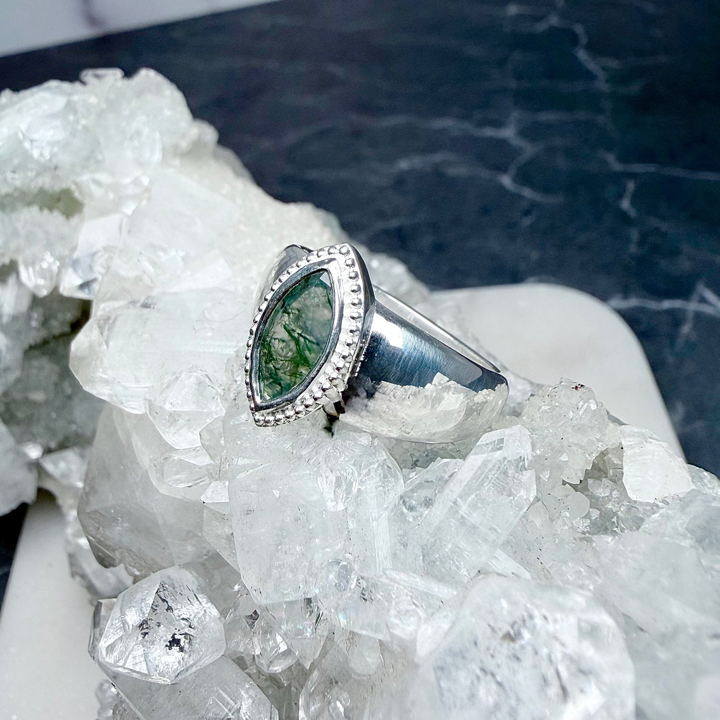 Marquise Moss Agate Bombe Ring | Sterling Silver