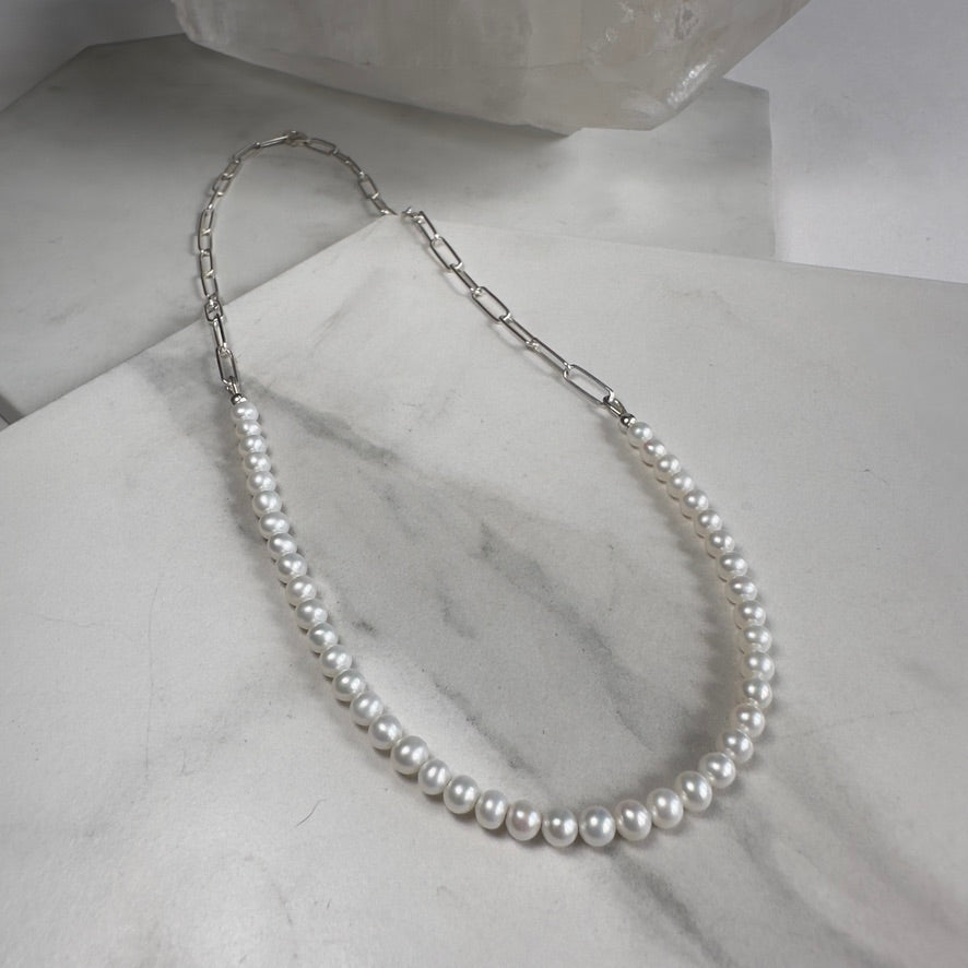 White Pearl Necklace with Paperclip Chain