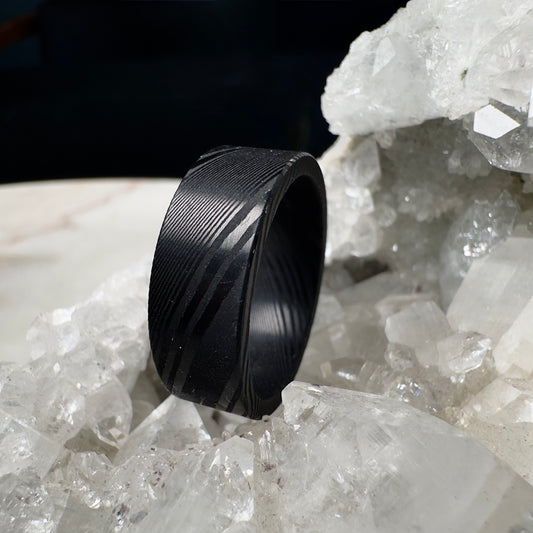 Black Damascus Steel Ring with Flat Round Profile