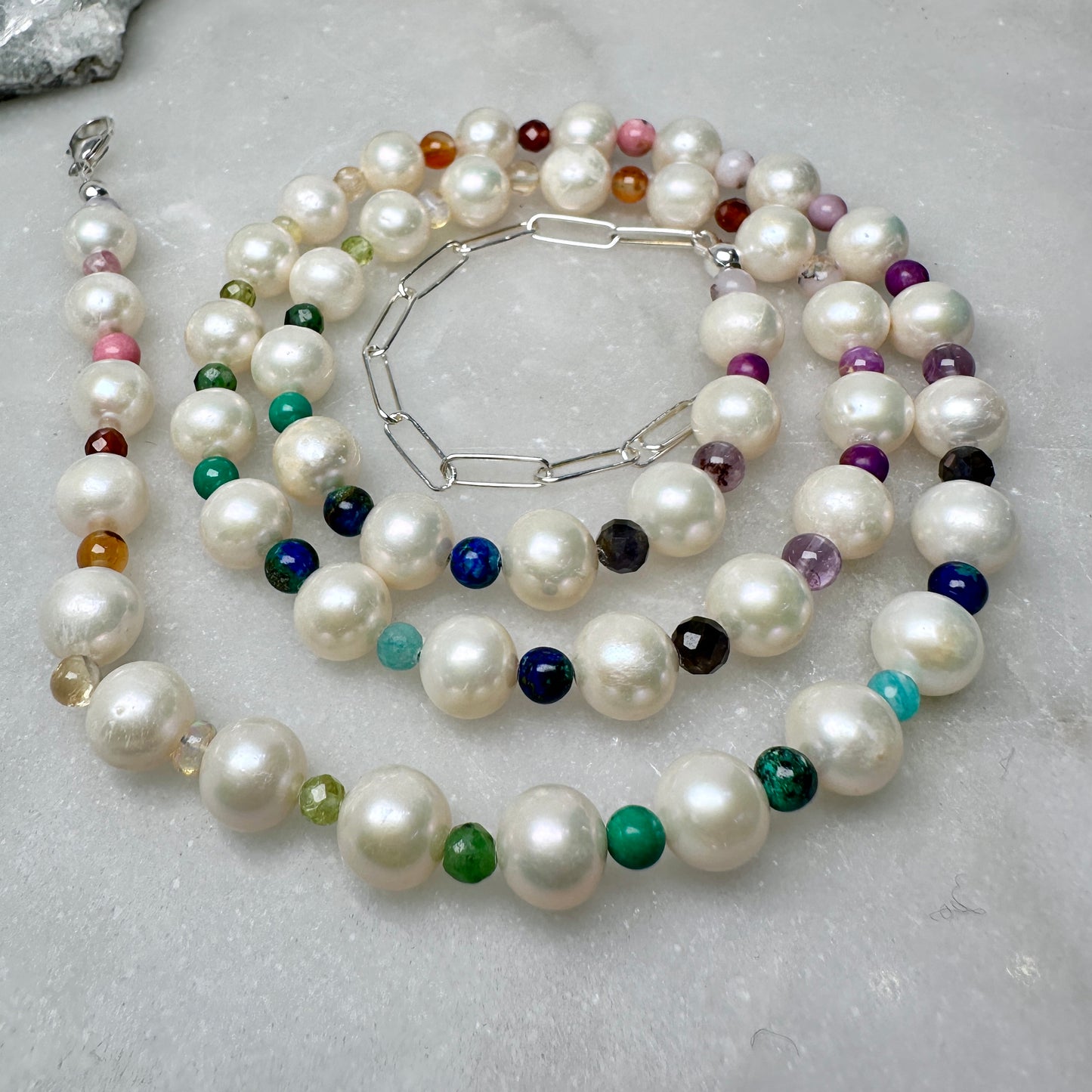 Rainbow Gemstone & White Pearl Necklace | Sterling Silver