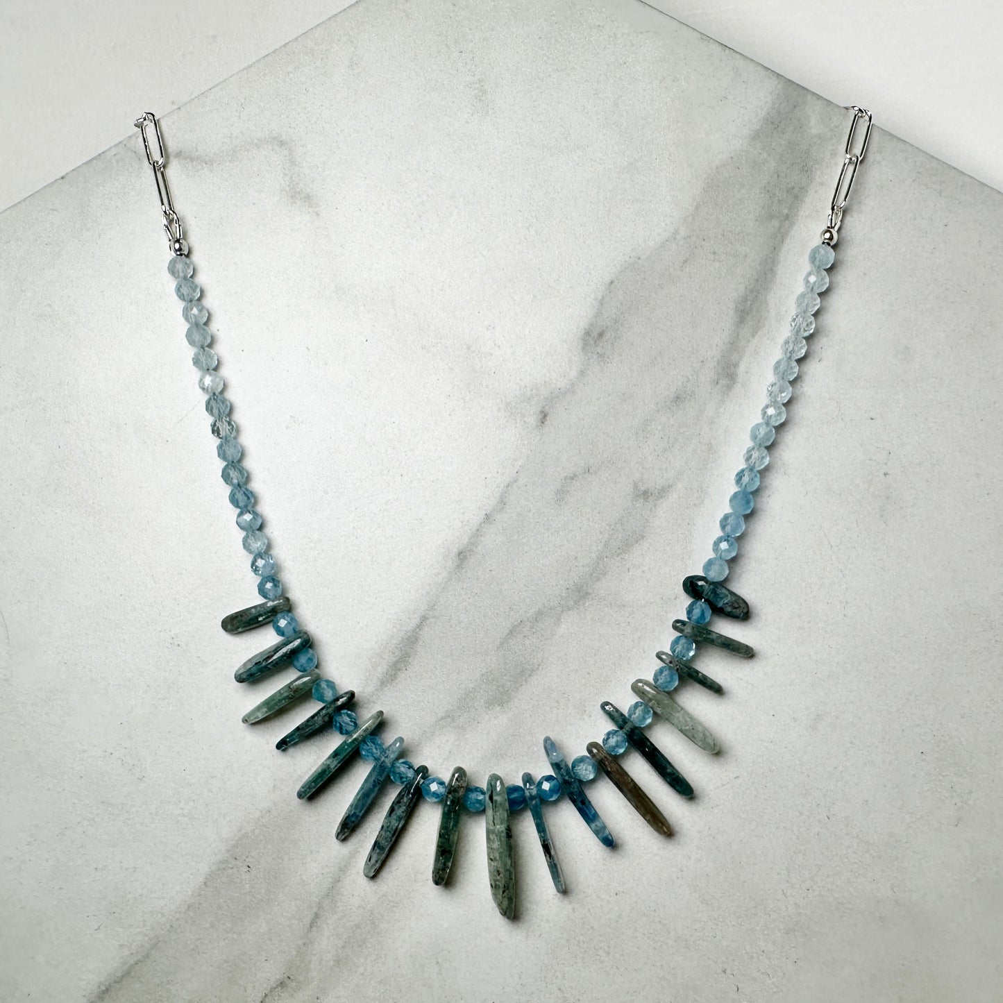 Aquamarine and Kyanite Beaded Necklace | Sterling Silver