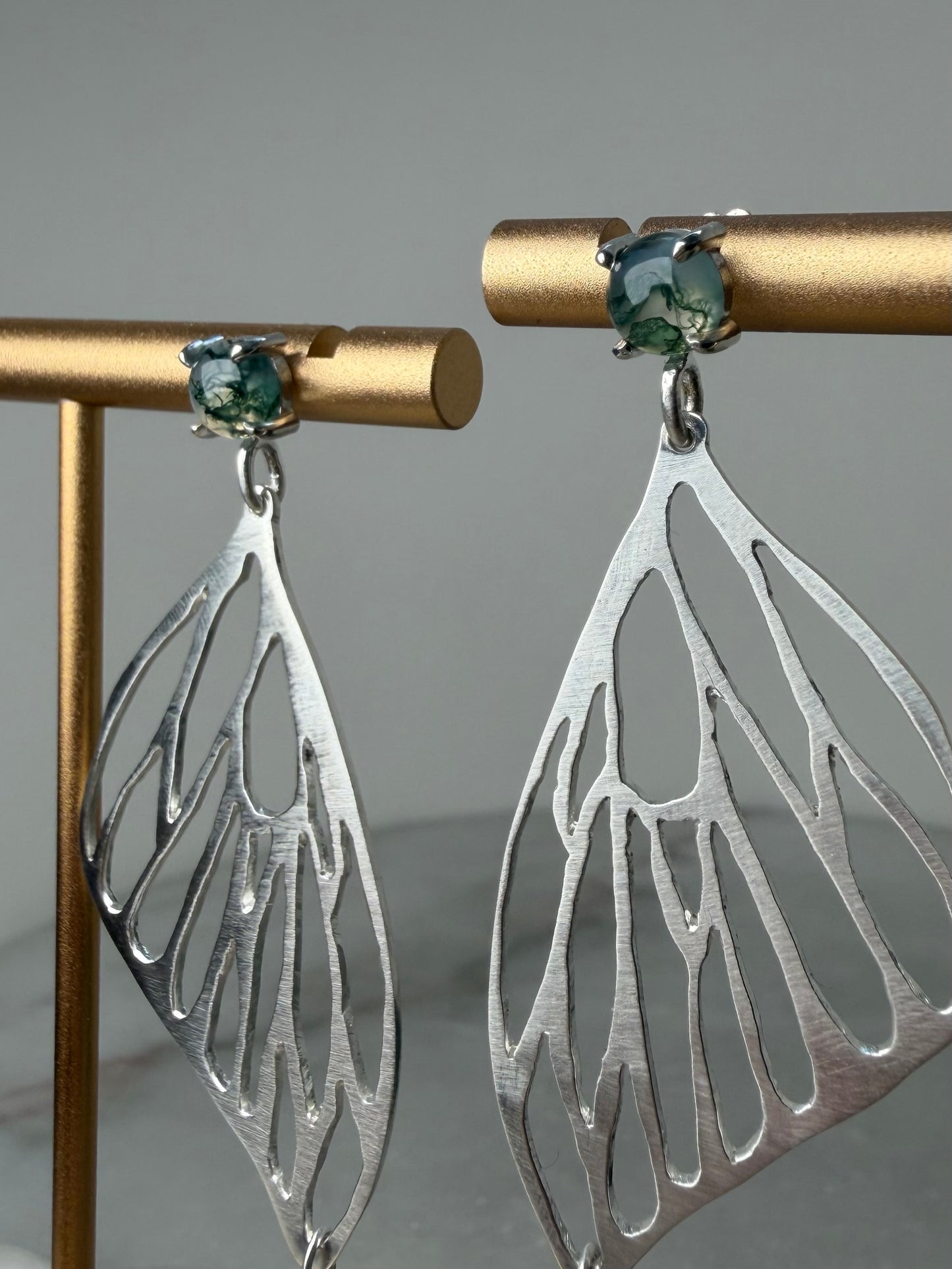 Monarch Butterfly Wing Earrings with Moss Agate & Montana Agate | Sterling Silver