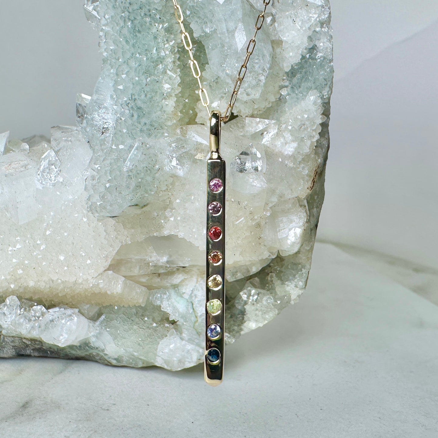 Rainbow Sapphire Bar Charm Pendant | 14k Yellow Gold