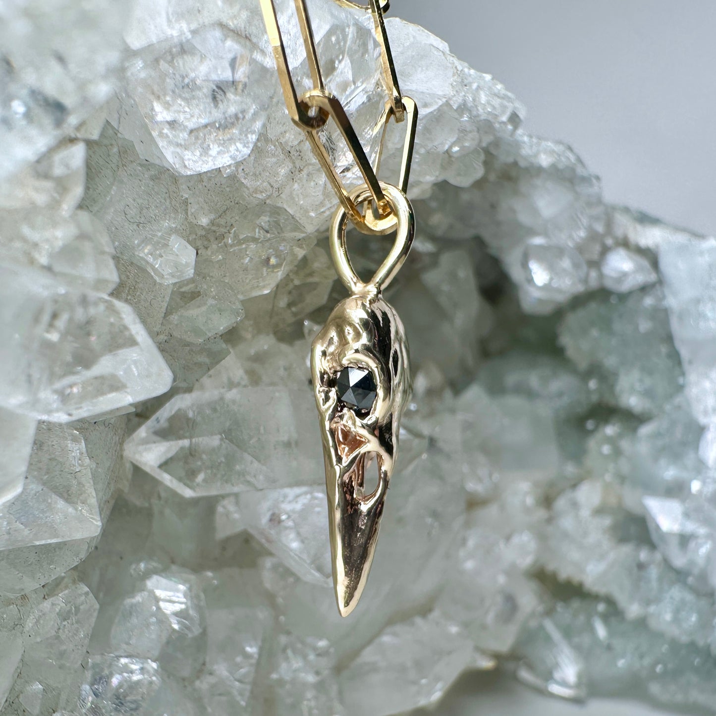 Raven Skull Pendant with Black Diamond Eyes | 14k Yellow Gold