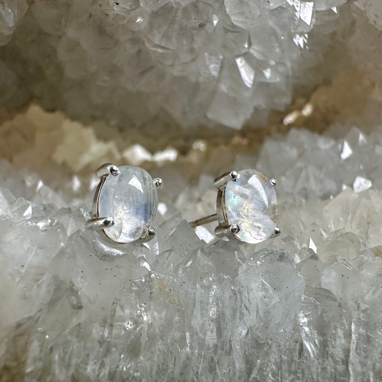 Blue Moonstone Oval Stud Earrings | Sterling Silver