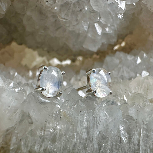 Blue Moonstone Oval Stud Earrings | Sterling Silver