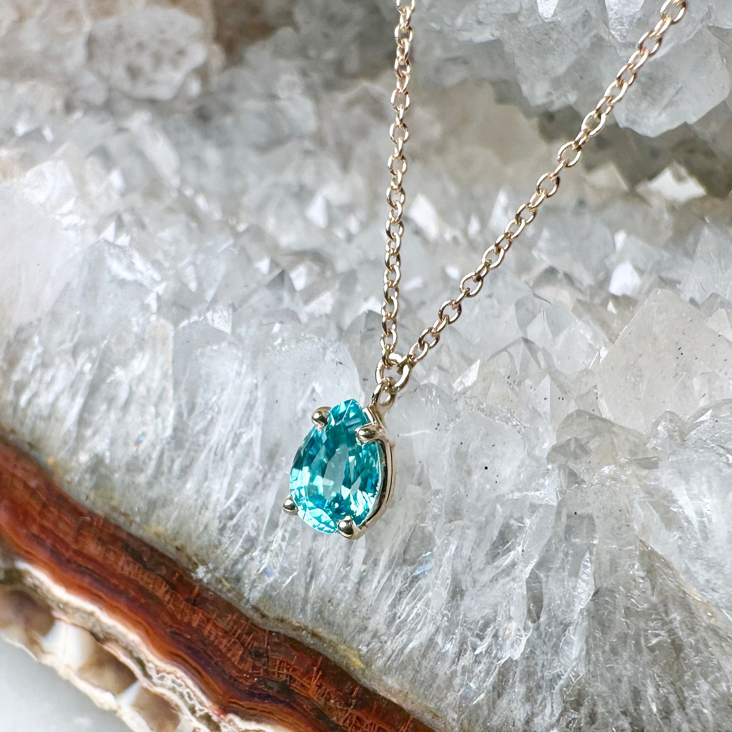 Blue Zircon Raindrop Necklace | 14k Yellow Gold