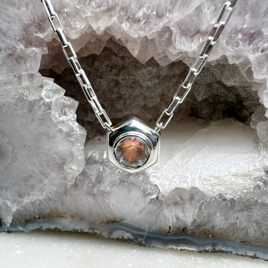 Rainbow Moonstone Hexagon Necklace | Sterling Silver