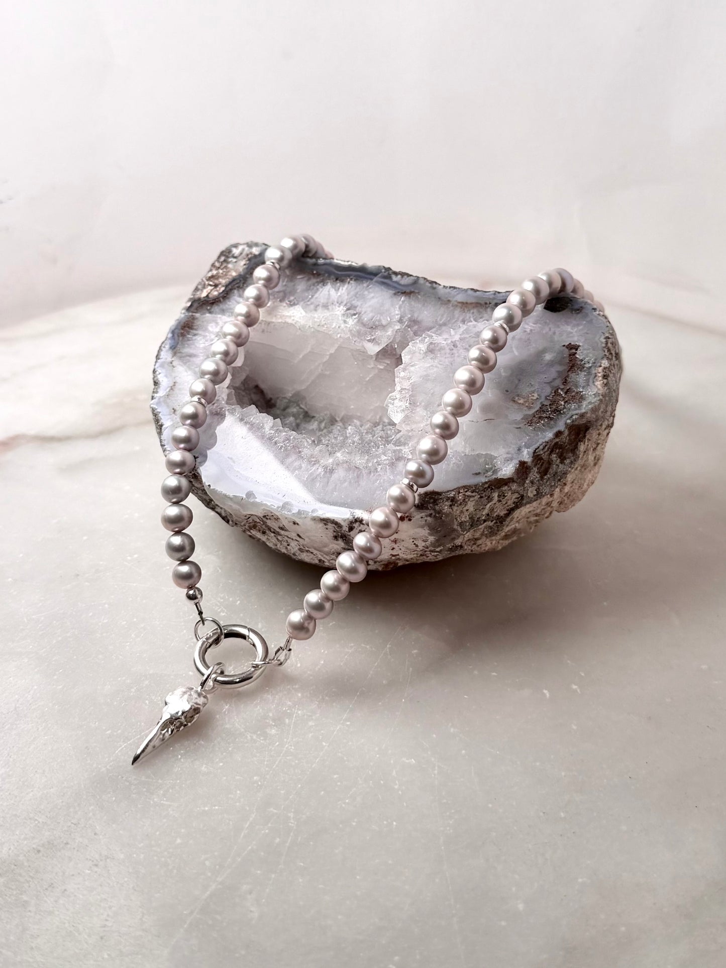 Grey Pearl Necklace with Circle Charm Clasp | Sterling Silver