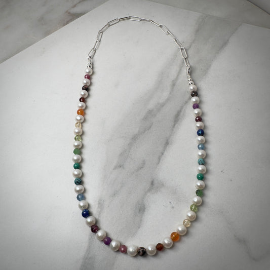 Freshwater Pearl + Rainbow Gemstone Choker Necklace