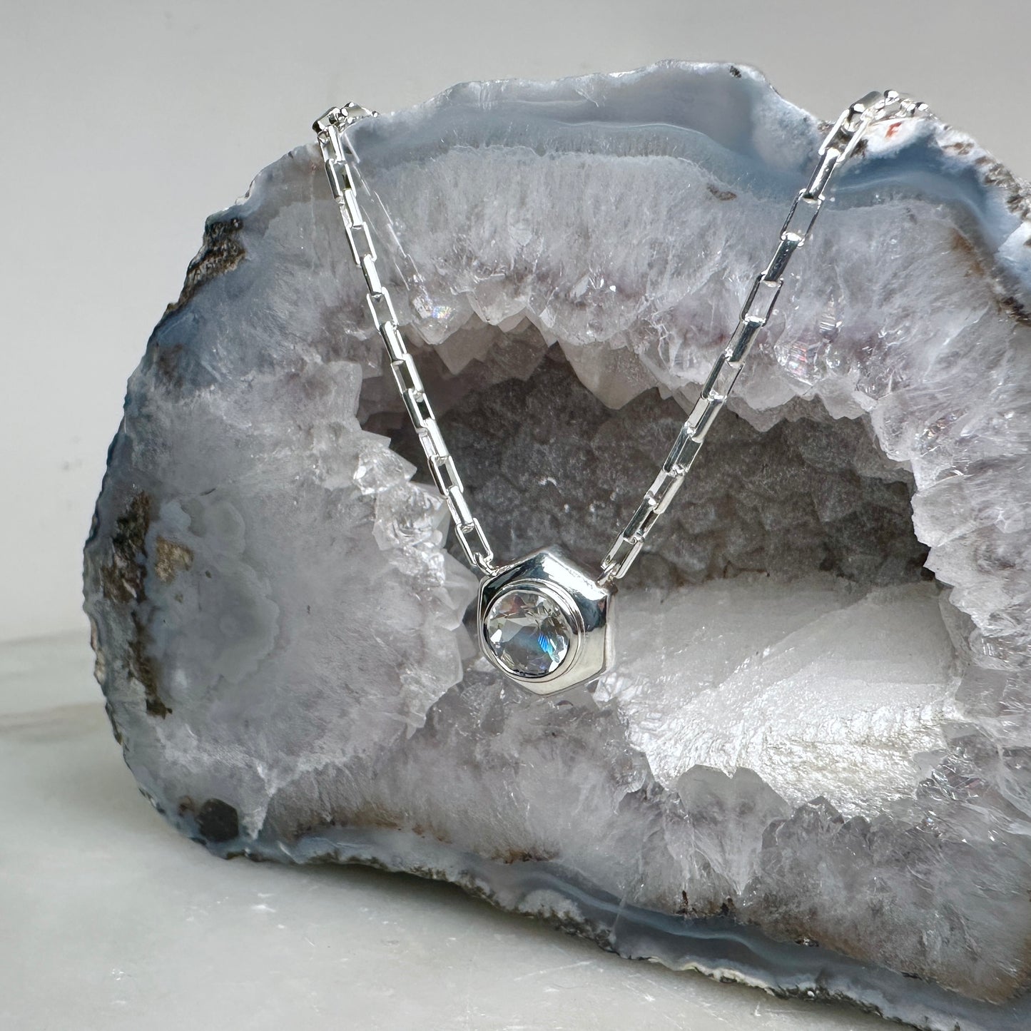 Rainbow Moonstone Hexagon Necklace | Sterling Silver