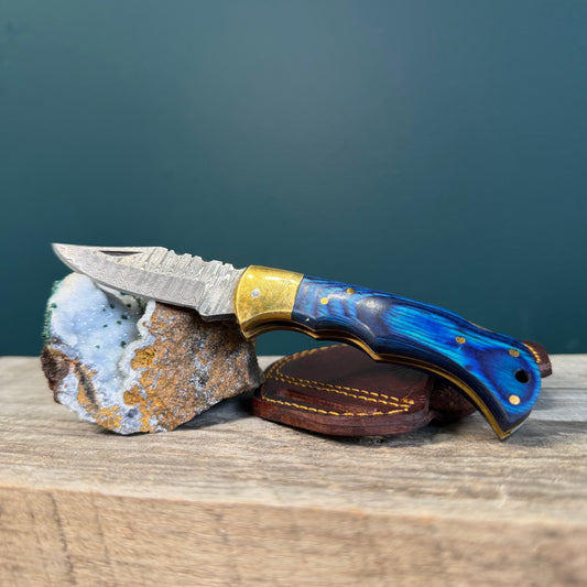 Blue Wood & Brass Folding Knife with Leather Sheath