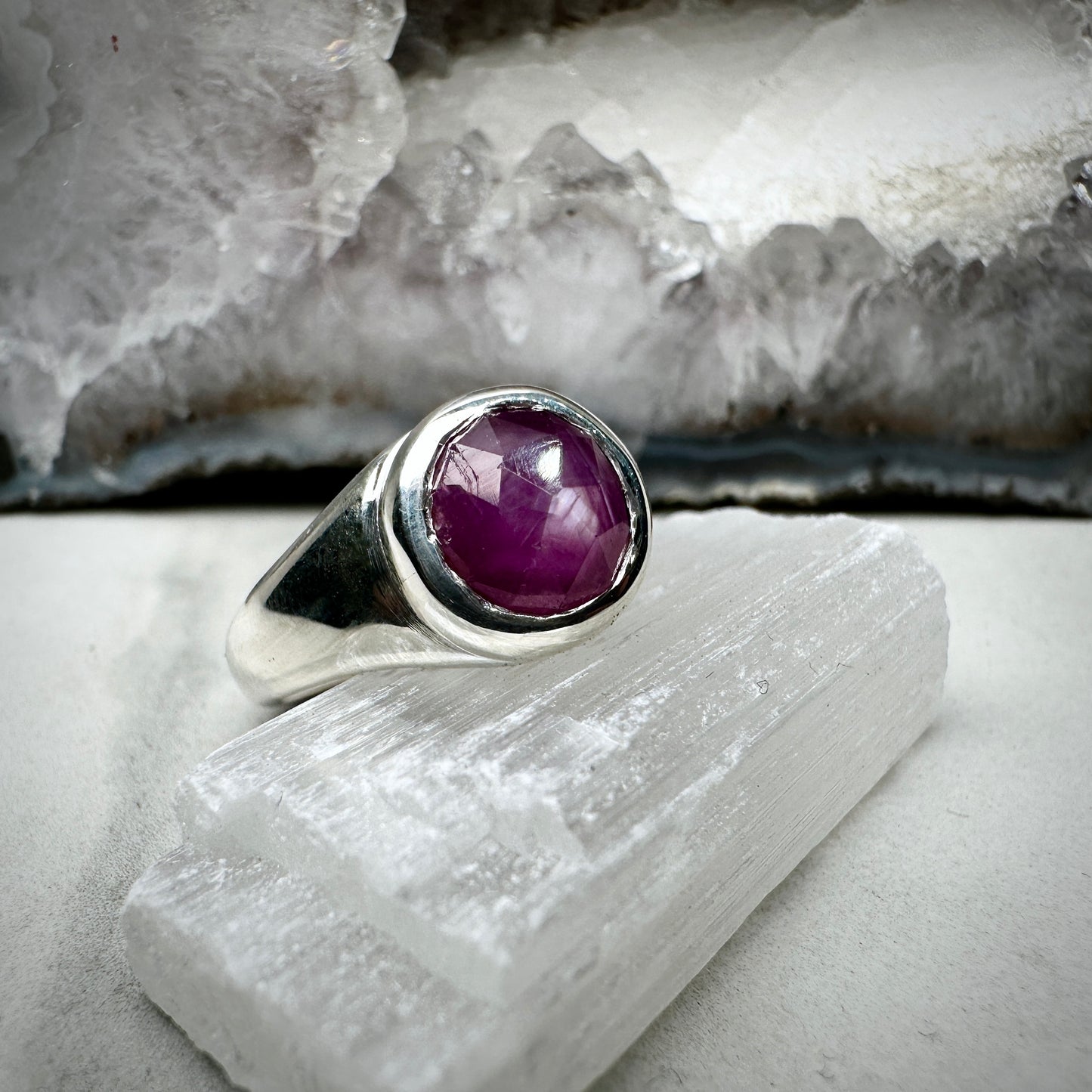 Silky Pink Sapphire Signet Ring | Sterling Silver