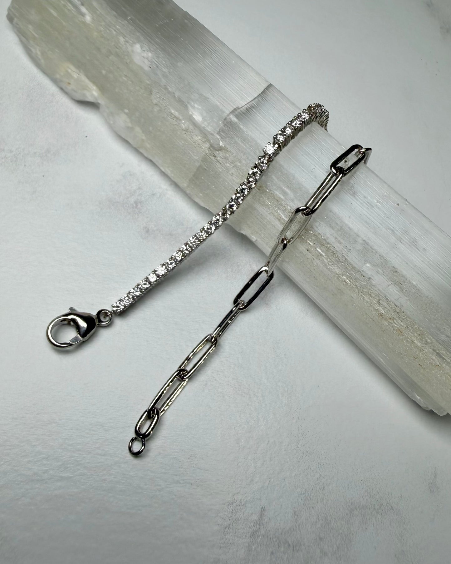 Half Tennis Half Paperclip Chain Bracelet | 14k White Gold