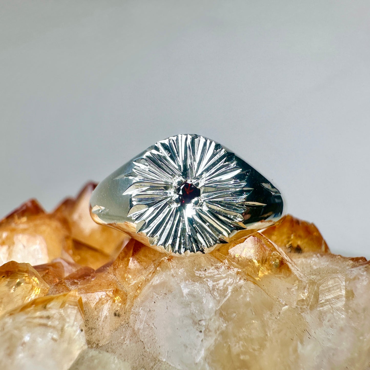 Garnet Sunburst Signet Ring | Sterling Silver