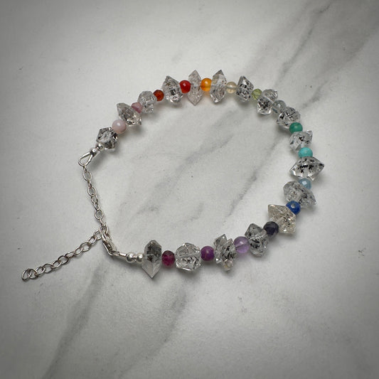 Rainbow Gemstone and Quartz Beaded Bracelet | Sterling Silver | Adjustable
