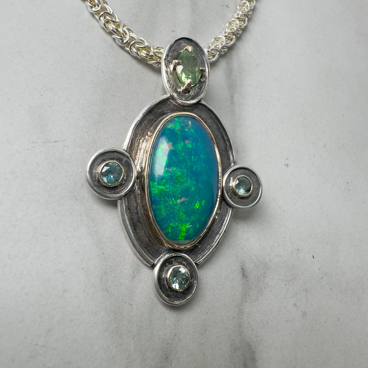 Black Opal + Sapphire Treasure Pendant | 14k Gold and Silver