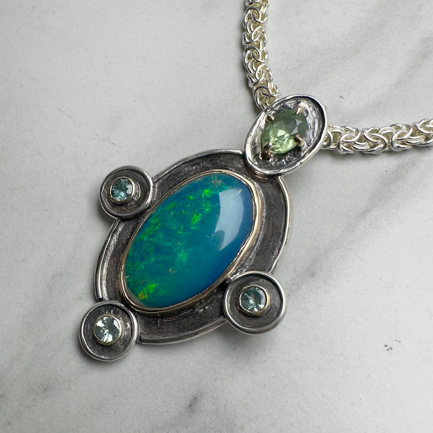 Black Opal + Sapphire Treasure Pendant | 14k Gold and Silver