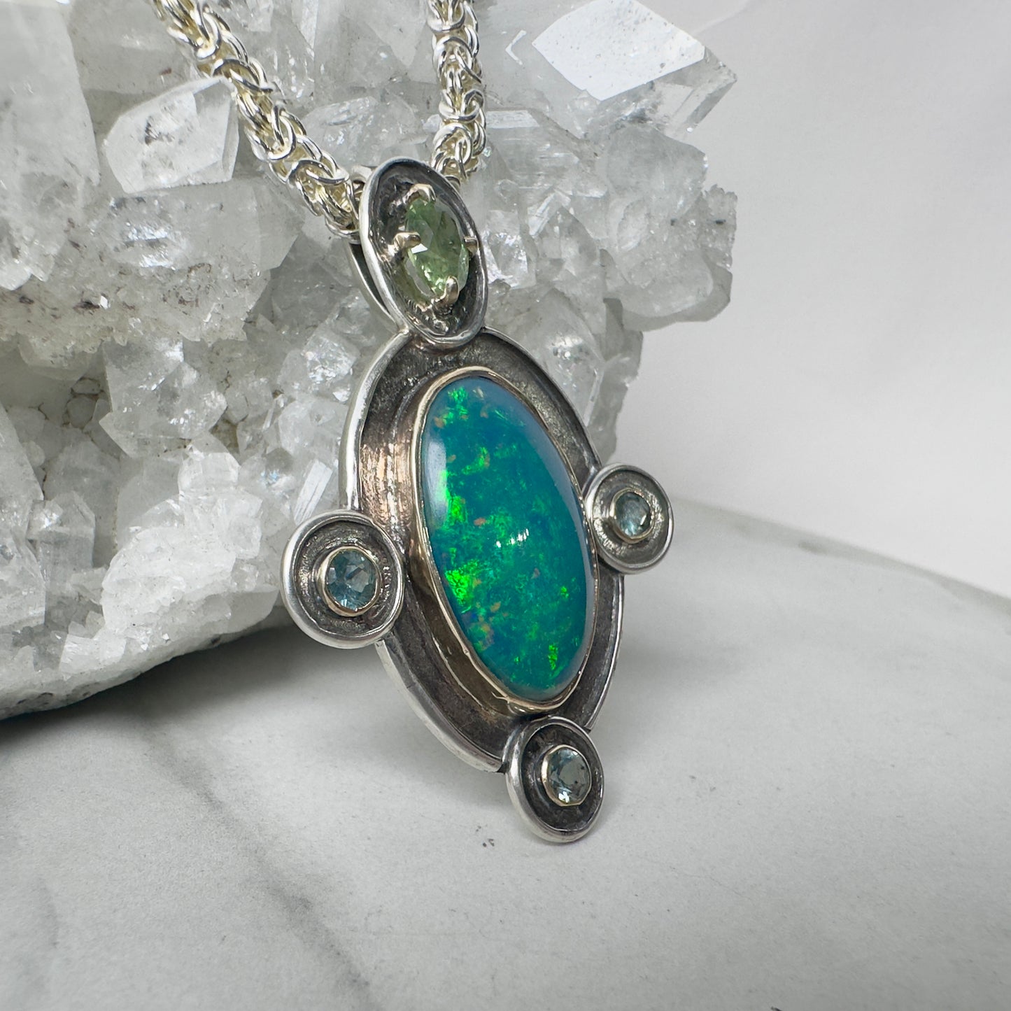 Black Opal + Sapphire Treasure Pendant | 14k Gold and Silver