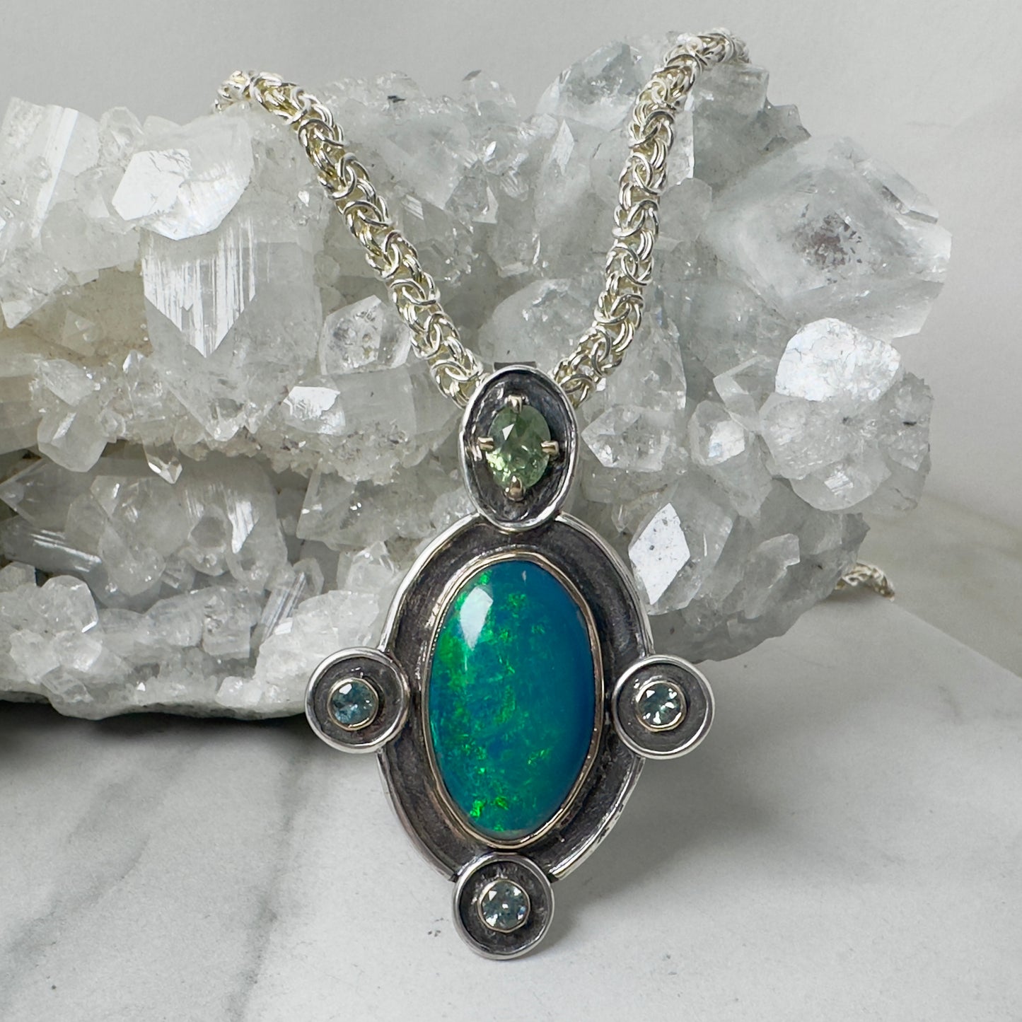 Black Opal + Sapphire Treasure Pendant | 14k Gold and Silver