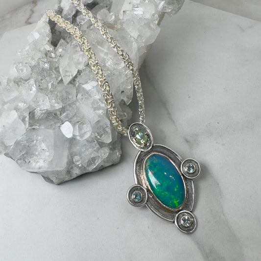 Black Opal + Sapphire Treasure Pendant | 14k Gold and Silver