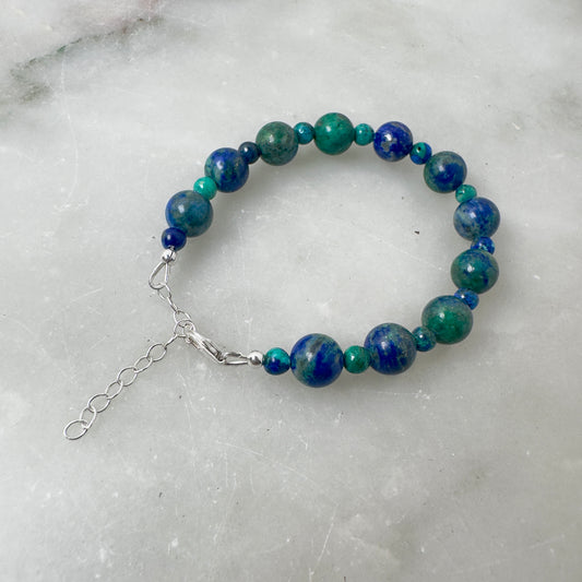 Azurite and Malachite Beaded Bracelet | Sterling Silver