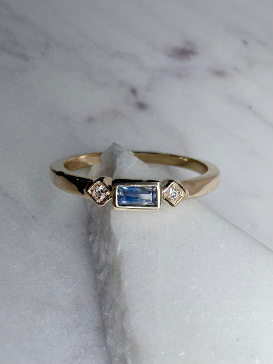 Art Deco Inspired Blue Sapphire Baguette Stacking Ring | 14k Yellow Gold