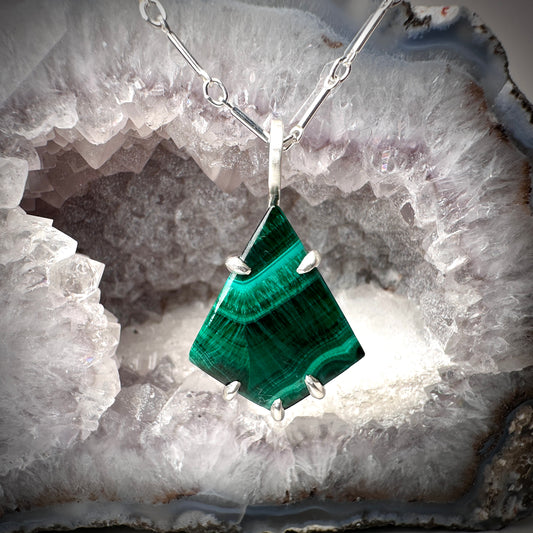 Geometric Malachite Pendant | Sterling Silver