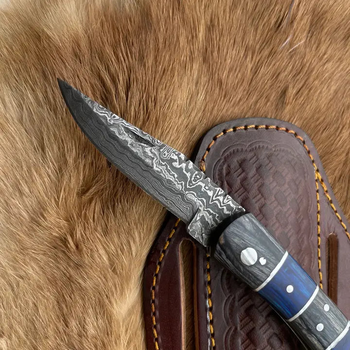 Damascus Steel Knife with Grey and Blue Wood Handle