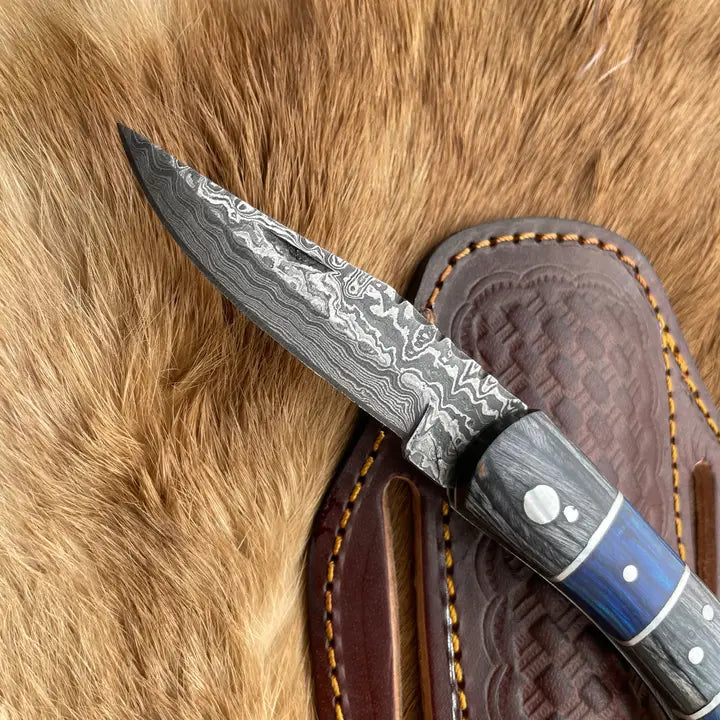 Damascus Steel Knife with Grey and Blue Wood Handle