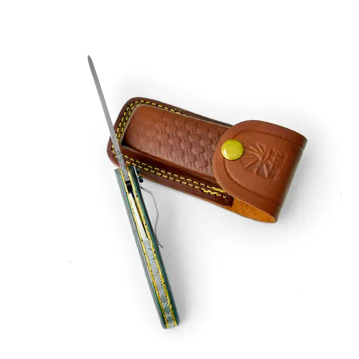 Full Damascus Steel Utility Knife with Anodized Rainbow Handle