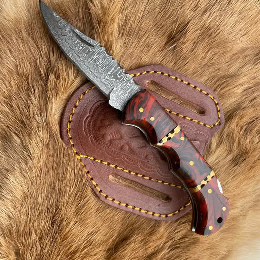 Damascus Steel Knife with Wood Patterned Red Resin Handle