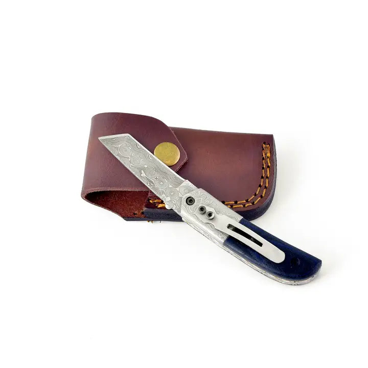 Damascus Steel Pocket Knife with Navy Blue Micarta Handle